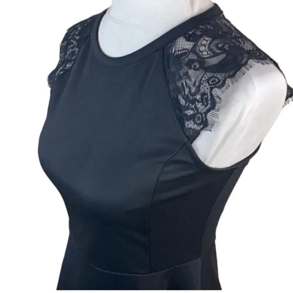 Anthropologie Elodie Fit & Flare Black Dress w/ Lace Floral Sleeves (Small) - Picture 6 of 16